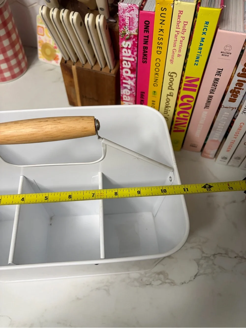 White Metal Caddy with Wood Handle